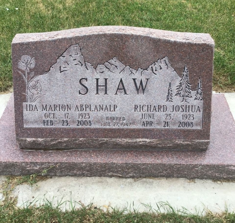 Grave Marker of Richard Joshua and Ida Marion Abplanalp Shaw