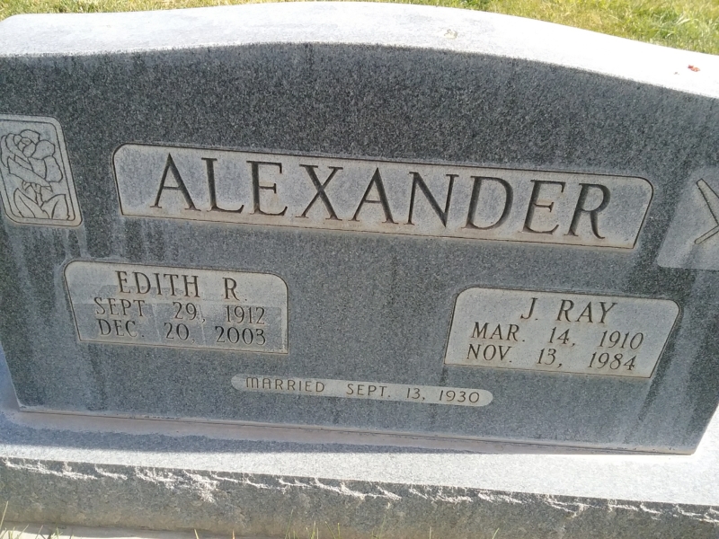 Grave marker for James Ray and Edith Harrison Alexander