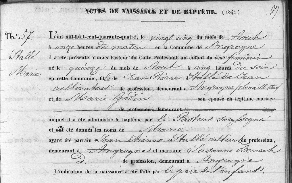 Church record of the birth/baptism of Marie Stalle