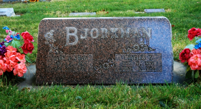 Grave marker for Charles and Mary Anna Shaw Bjorkman