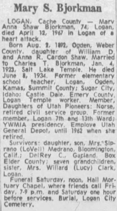 Newspaper clipping of Mary Shaw Bjorkman obituary