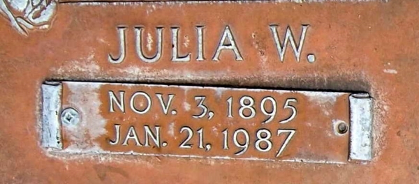 Plaque on grave marker for Julia W. Cardon