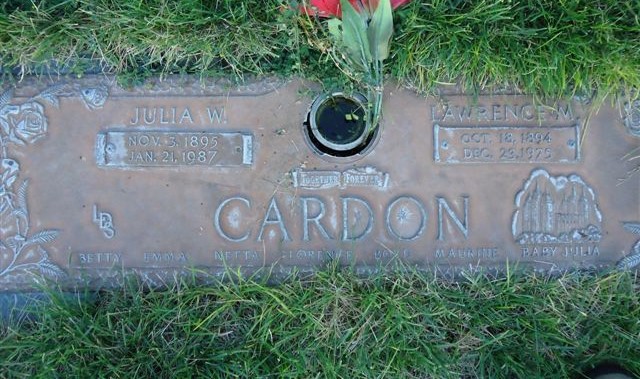 Grave marker of Lawrence Marion and Juila Wheeler Cardon