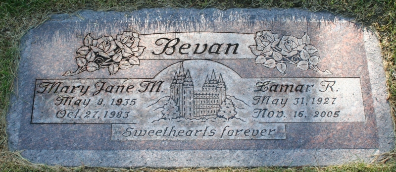 Grave marker of Mary Jane Merrill and Lamar R. Bevan