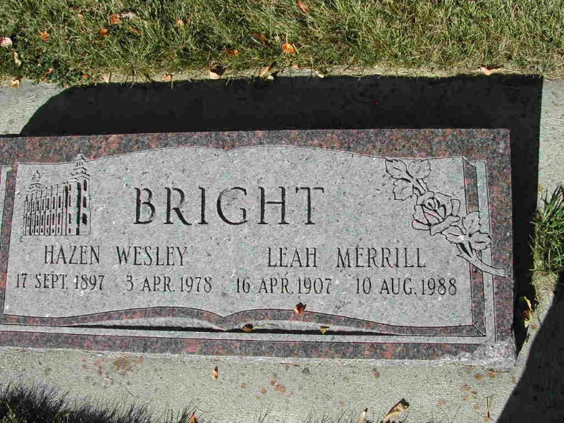 Grave marker of Hazen Wesley and Leah Merrill Bright