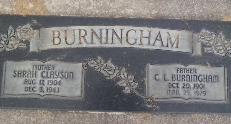 Grave Marker of Sarah Clayson and Clifford Lester Burningham