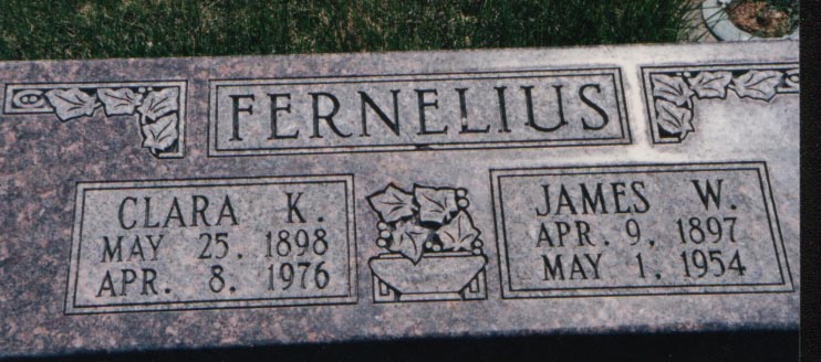 Grave marker of James William and Clara Cardon Kendell Fernelius