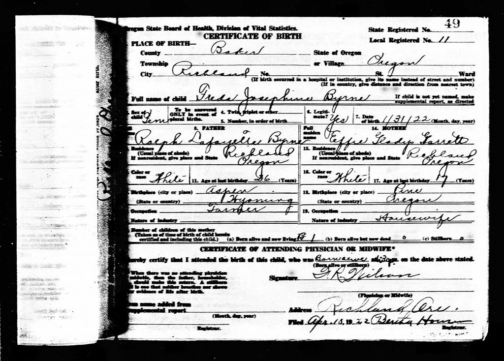 Freda Josephine Byrne Birth Certificate