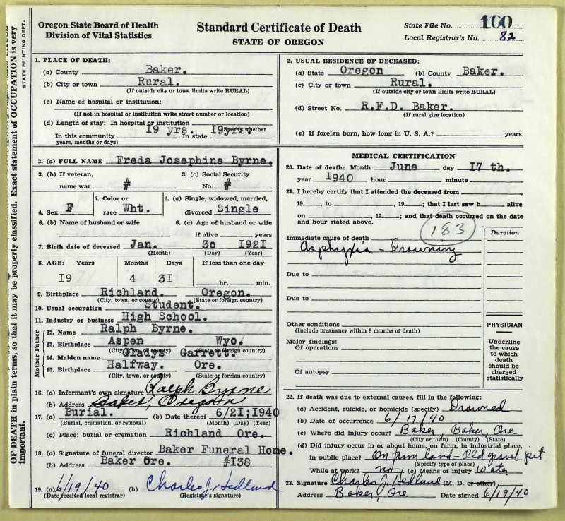 Freda Josephine Byrne Death Certificate