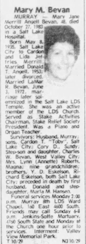 Obituary published in The Salt Lake Tribune, Sat, Oct 29, 1983, Page 32