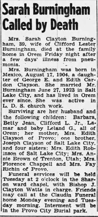 Obituary of Sarah Burningham - 5 Dec 1943 Provo Sunday Herald