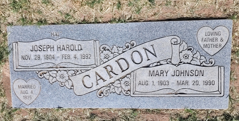 Grave Marker of Joseph Harold and Mary Johnson Cardon