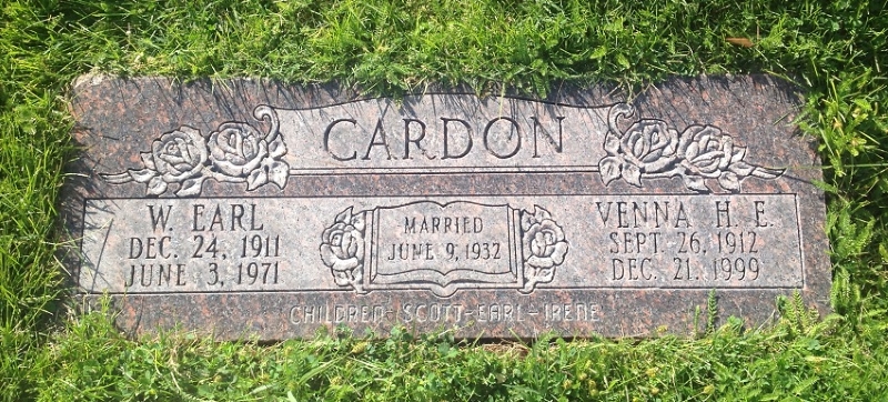 Grave marker for Walter Earl and Venna Hokanson Cardon