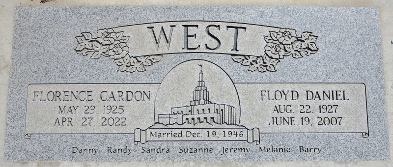 Grave marker of Floyd Daniel and Florence Marion Cardon West