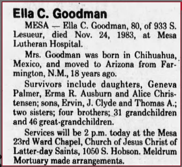 Obituary of Ella Cardon Goodman