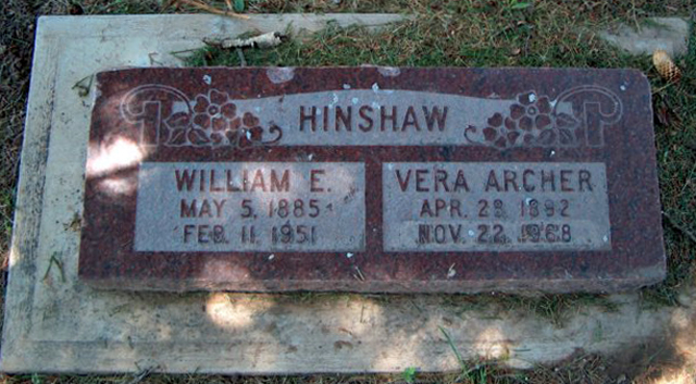 Grave marker for William E. and Vera Archer Hinshaw