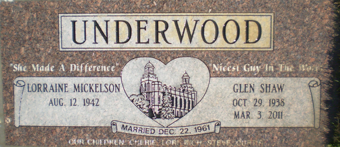 Grave Marker of Glen Shaw and Lorraine Mickelson Underwood