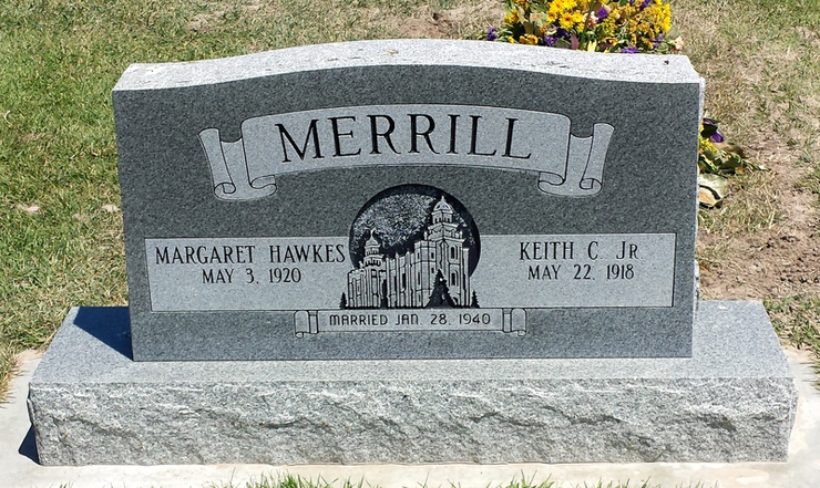 Grave Marker of Margaret Hawkes and Keith C. Merrill