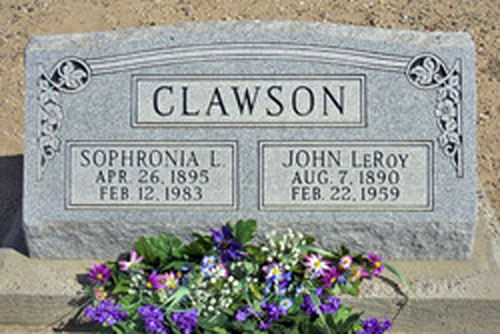 John LeRoy and Sophronia L. Clawson grave marker