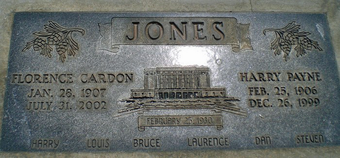 Grave marker for Harry Payne and Florence Cardon Jones