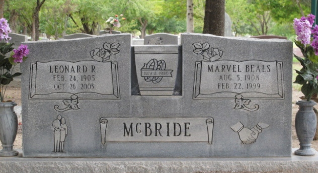 Grave marker of Marvel Beals and Leonard R. McBride