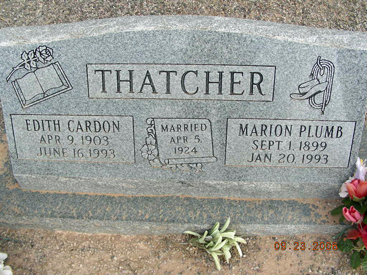 Grave Marker of Marion Plumb and Edith Cardon Thatcher