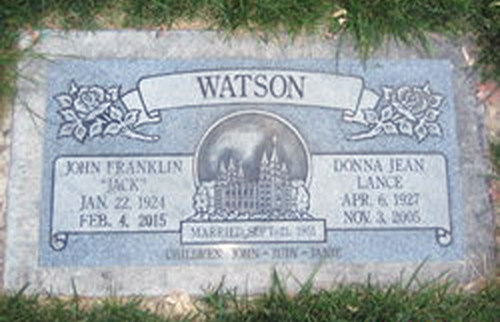 Grave marker for Donna Jean Lance and John Franklin Watson