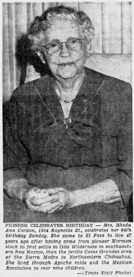 Newspaper Photo at 94th of Rhoda Ann McClellan Cardon