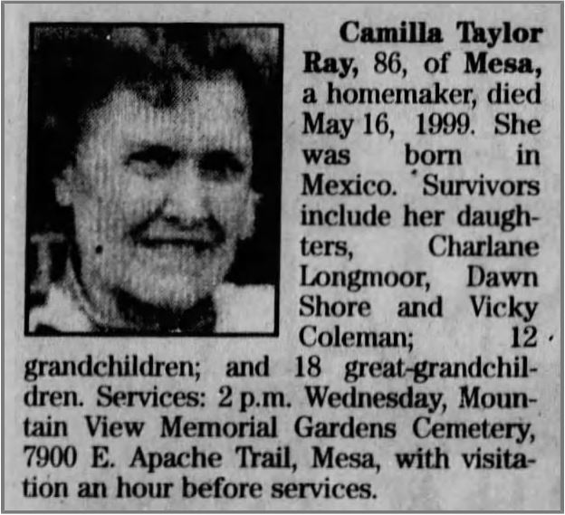 Newspaper clipping of the obituary of Camilla Taylor Ray