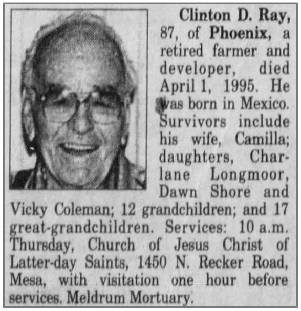 Newspaper clipping of Clinton D. Ray obituary