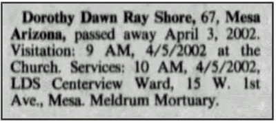 newspaper clipping of passing of Dorothy Dawn Ray Shore