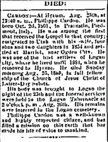 Newspaper Clipping of death announcement of Philip Cardon