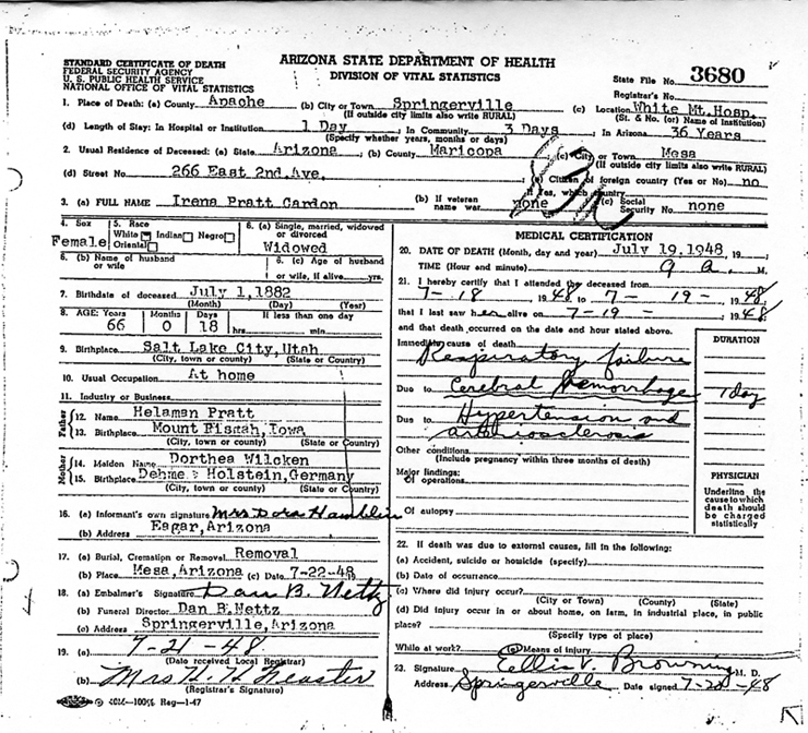 Irena Pratt Cardon Death Certificate