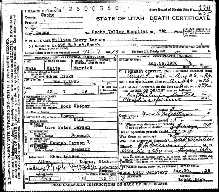 Death Certificate of William H. Larsen